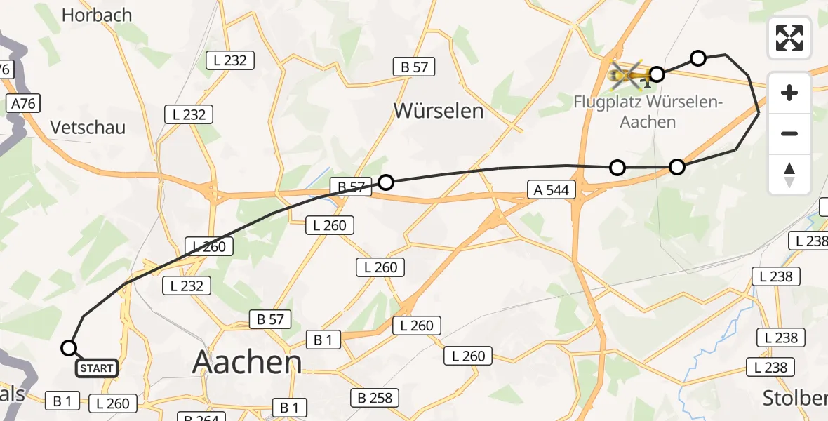 Flugroute Rettungshubschrauber Aachen Hospital - Aachen-Merzbrück Flughafen, 24 Oktober 2026, 12:35