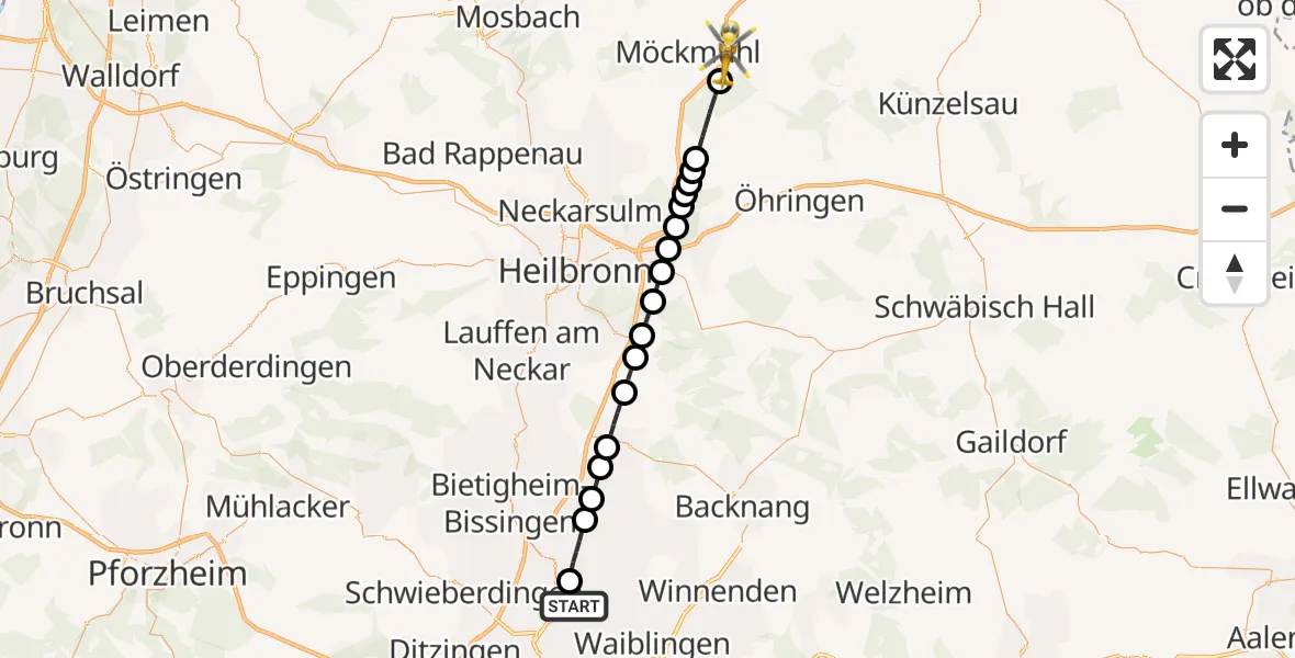 Flugroute Rettungshubschrauber Kornwestheim - Widdern, 24 Oktober 2026, 12:38