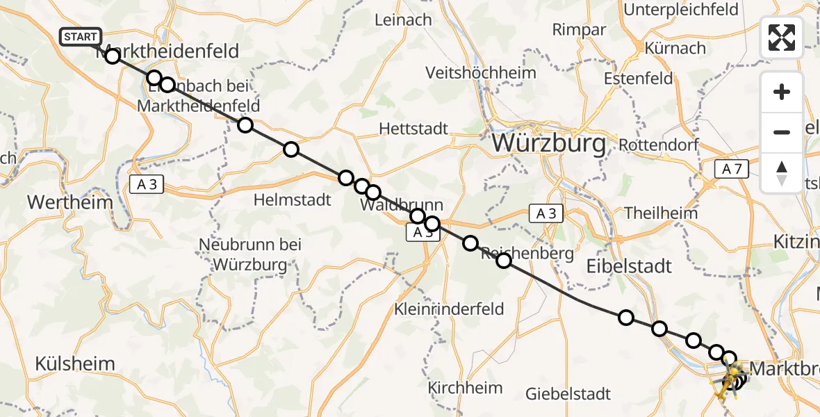 Flugroute Rettungshubschrauber Esselbach - Ochsenfurt Hospital, 24 Oktober 2026, 12:38