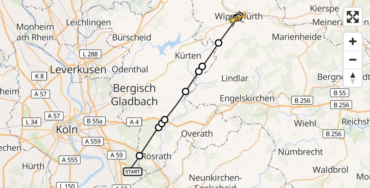 Flugroute Rettungshubschrauber Köln Bonn Flughafen - Helios Clinic Wipperfürth, 24 Oktober 2026, 12:46