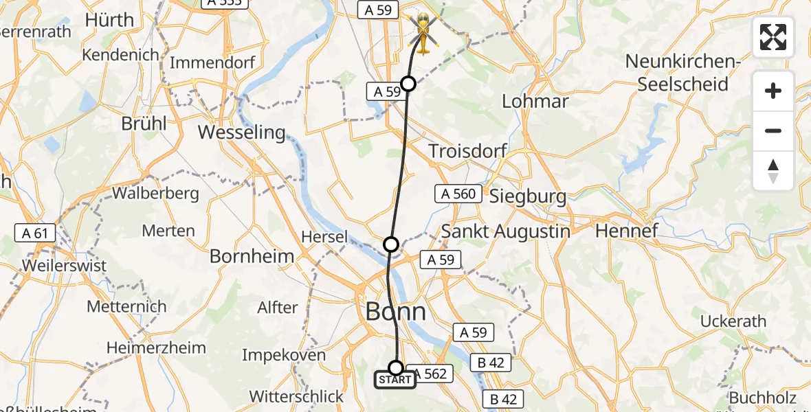 Flugroute Ambulanzhubschrauber Bonn University Hospital - Köln Bonn Flughafen, 24 Oktober 2026, 12:48