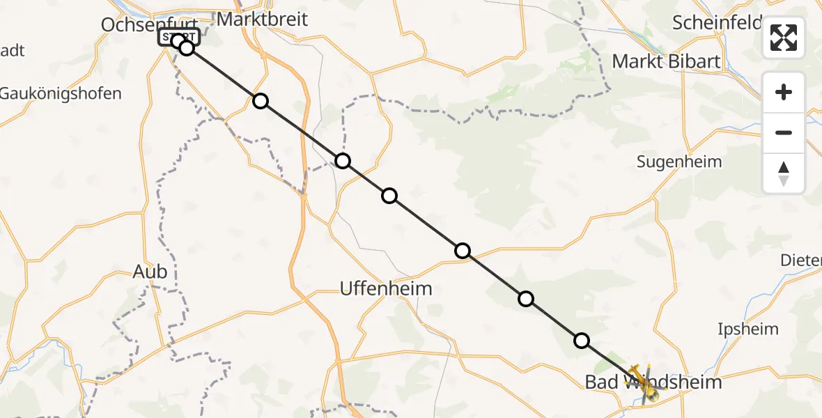 Flugroute Rettungshubschrauber Ochsenfurt Hospital - Bad Windsheim, 24 Oktober 2026, 12:55