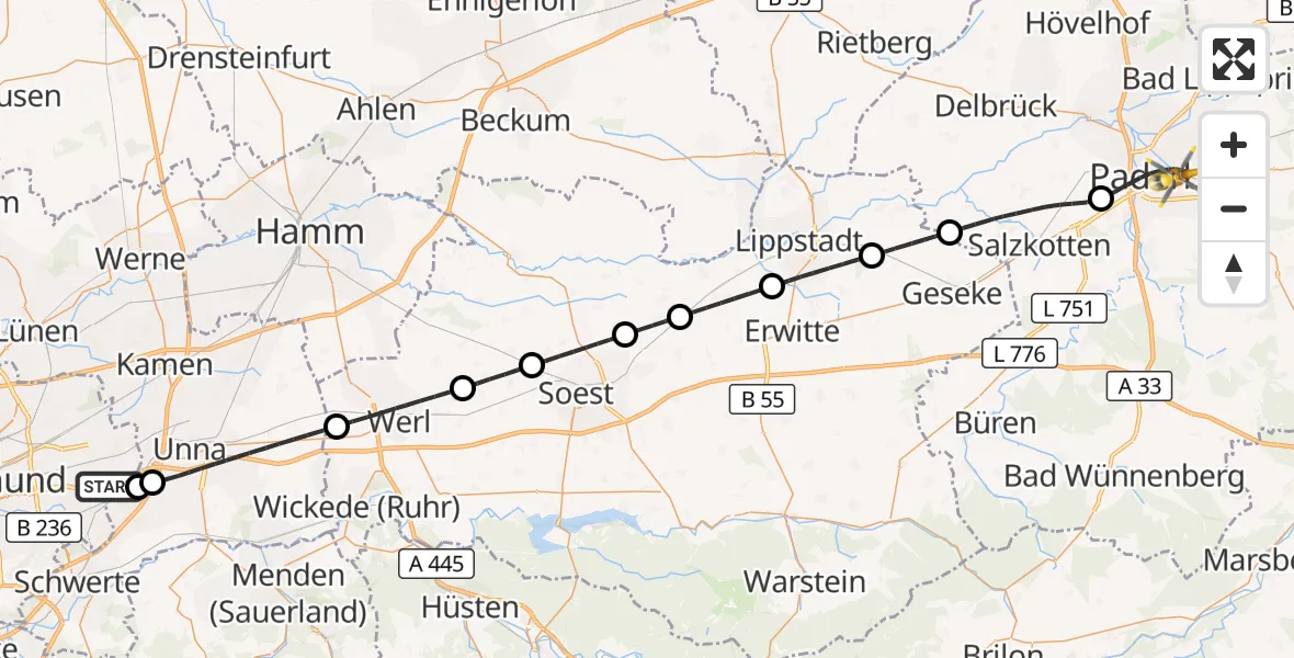 Flugroute Rettungshubschrauber Dortmund Flughafen - Paderborn, 24 Oktober 2026, 13:08