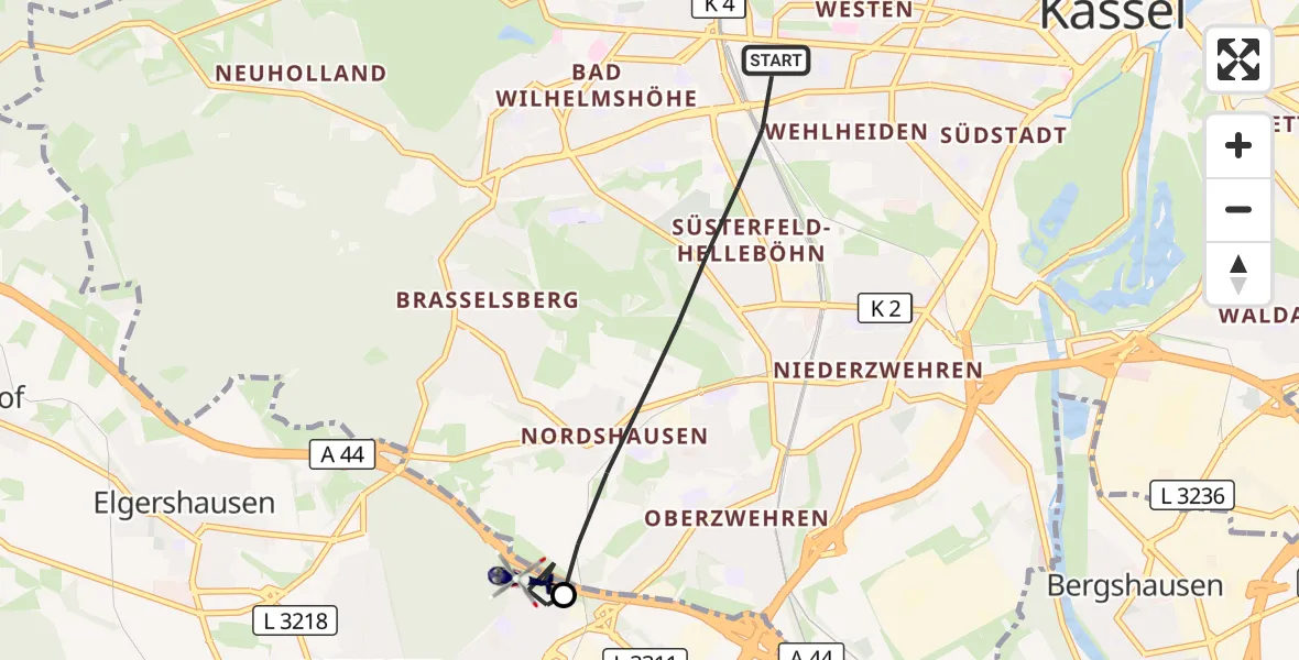 Flugroute Polizeihubschrauber Kassel - Baunatal, 24 Oktober 2026, 13:14