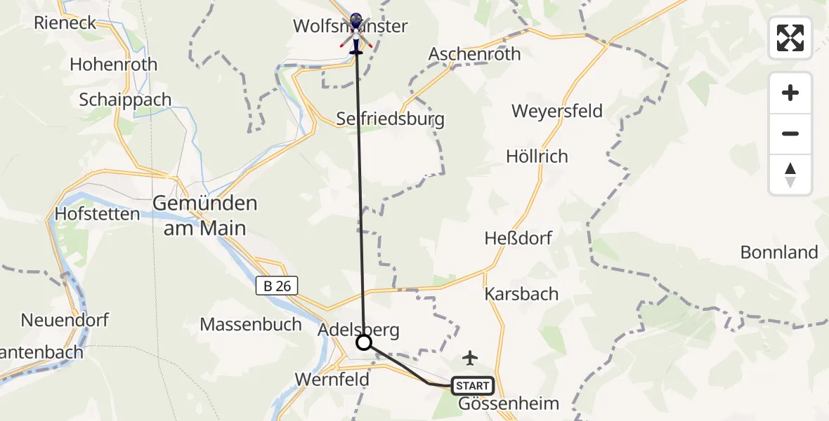 Flugroute Polizeihubschrauber Gössenheim - Gräfendorf, 24 Oktober 2026, 13:17