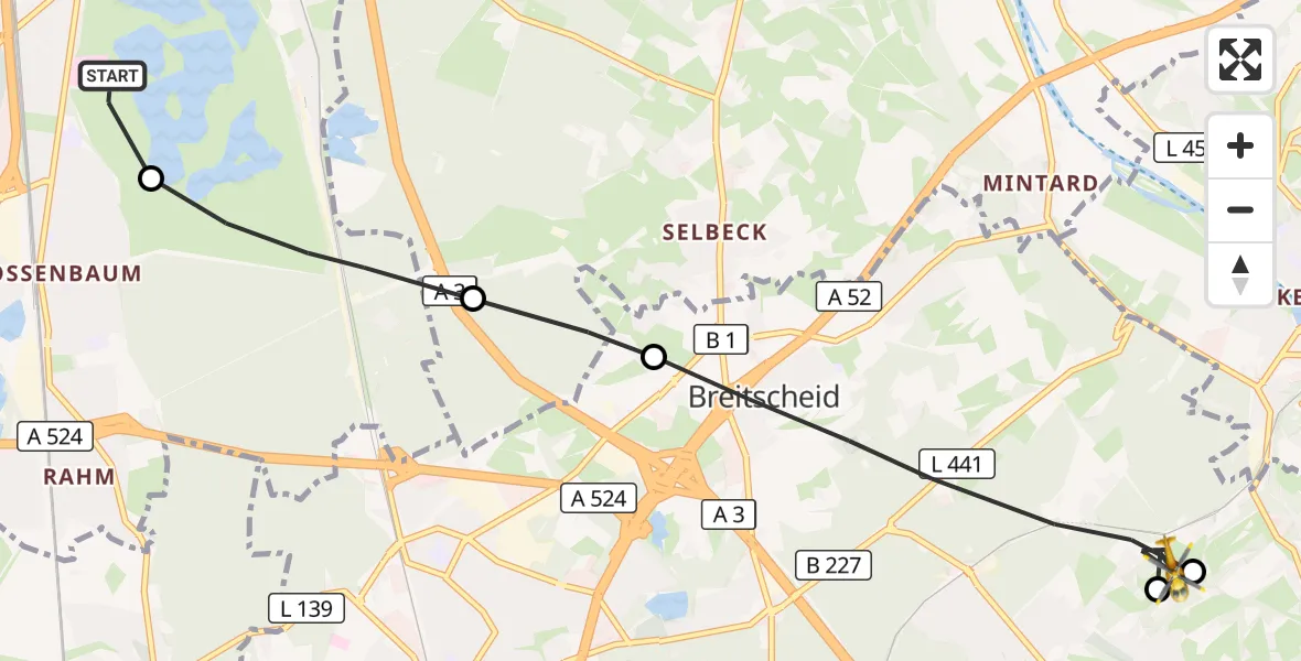 Flugroute Rettungshubschrauber Duisburg Air Rescue Hubschrauberlandeplatz (Christoph 9) - Ratingen, 24 Oktober 2026, 13:20
