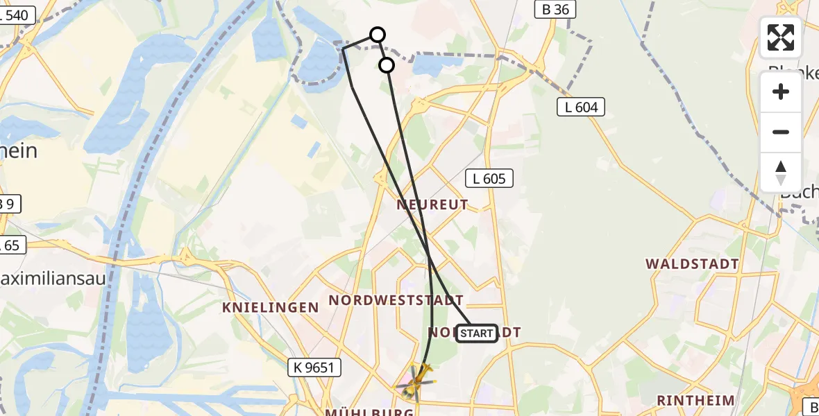 Flugroute Ambulanzhubschrauber Karlsruhe - Karlsruhe, 24 Oktober 2026, 13:23