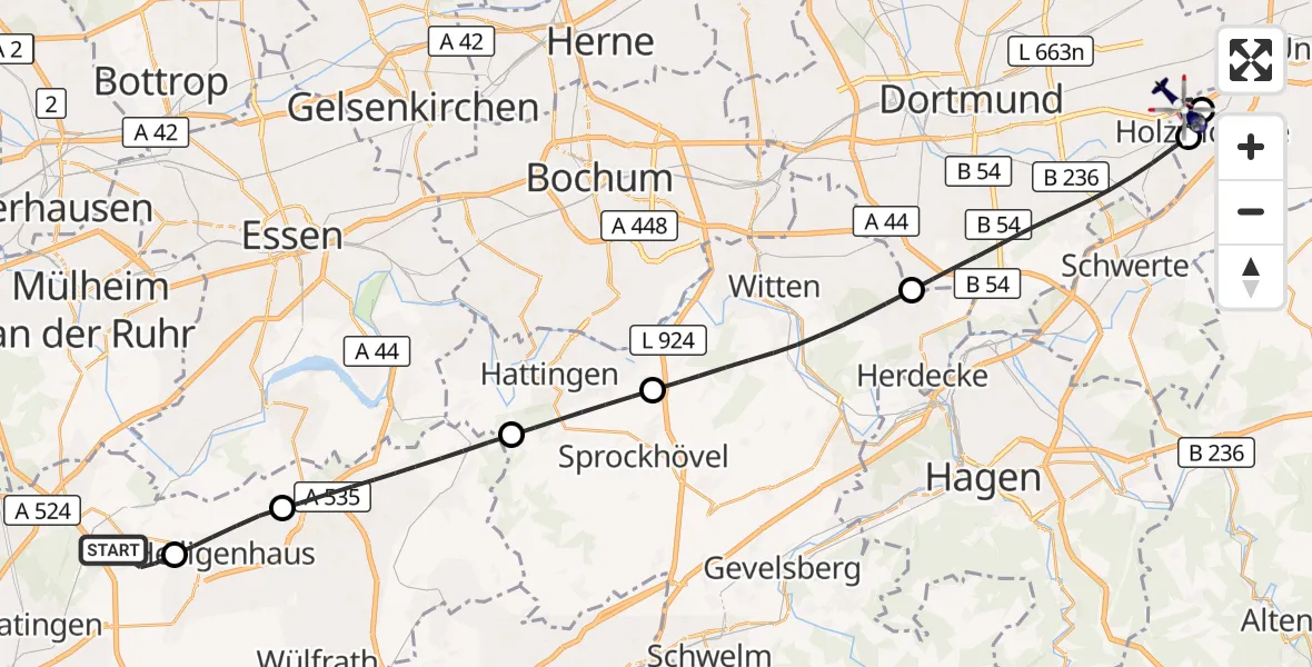 Flugroute Polizeihubschrauber Ratingen - Dortmund Flughafen, 24 Oktober 2026, 13:36