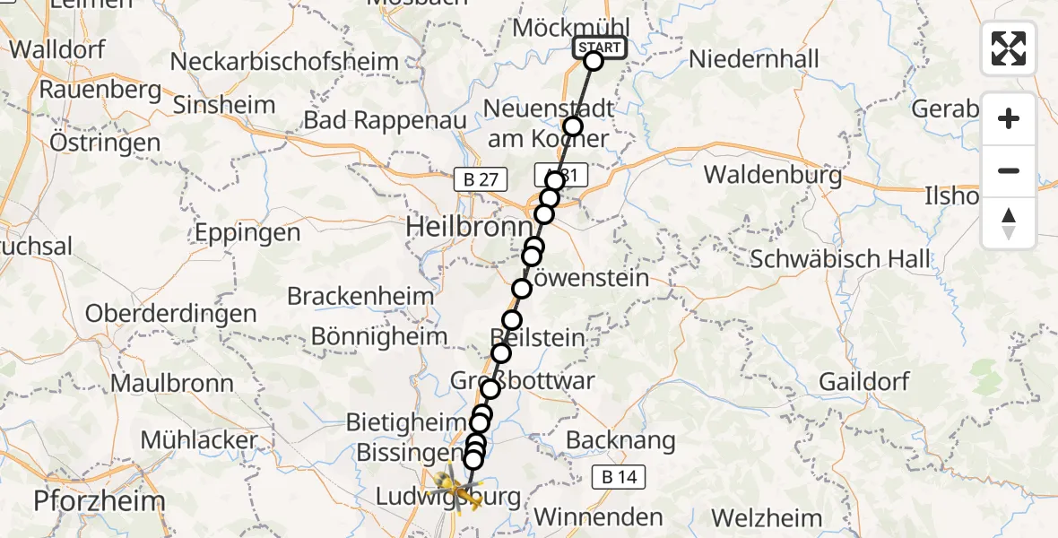 Flugroute Rettungshubschrauber Widdern - Ludwigsburg, 24 Oktober 2026, 13:42