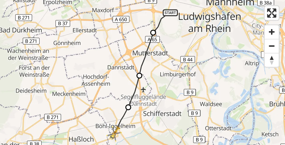 Flugroute Rettungshubschrauber Ludwigshafen am Rhein - Böhl-Iggelheim, 24 Oktober 2026, 13:45