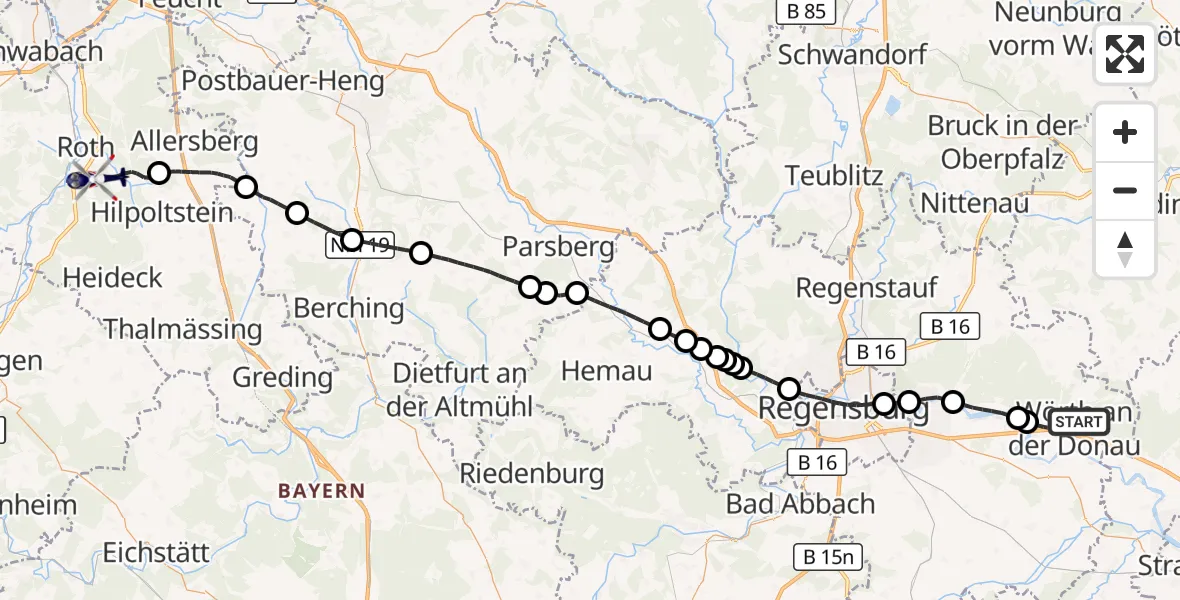 Flugroute Polizeihubschrauber Wörth a.d.Donau - Roth, 24 Oktober 2026, 13:45