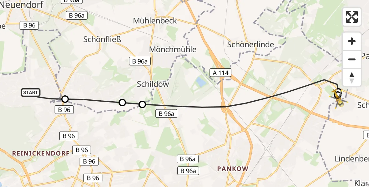 Flugroute Rettungshubschrauber Berlin - Helios Clinic Berlin-Buch, 24 Oktober 2026, 13:46