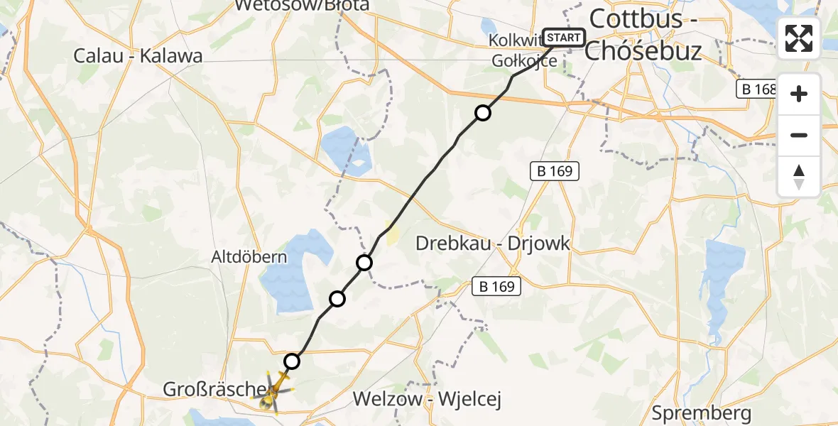 Flugroute Rettungshubschrauber Kolkwitz - Großräschen, 24 Oktober 2026, 13:49