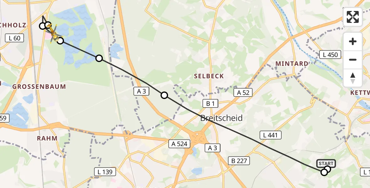 Flugroute Rettungshubschrauber Ratingen - Duisburg Air Rescue Hubschrauberlandeplatz (Christoph 9), 24 Oktober 2026, 13:51