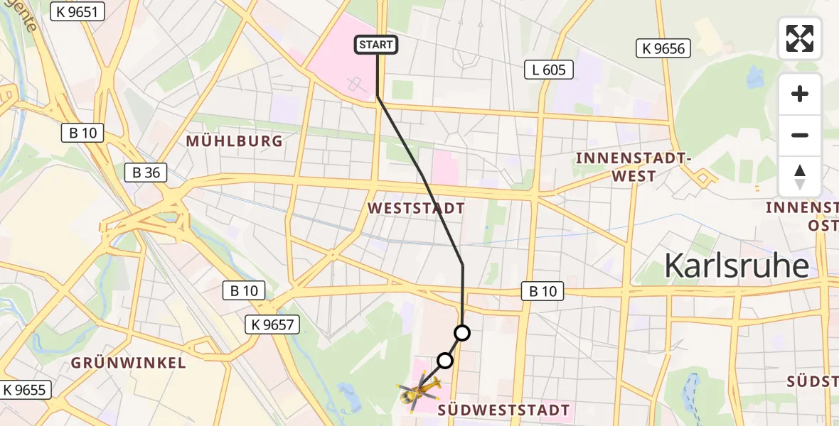 Flugroute Ambulanzhubschrauber Karlsruhe - Sankt Vincentius Hospital, 24 Oktober 2026, 13:52