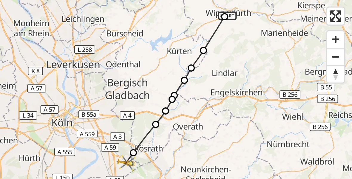 Flugroute Rettungshubschrauber Helios Clinic Wipperfürth - Köln Bonn Flughafen, 24 Oktober 2026, 13:53