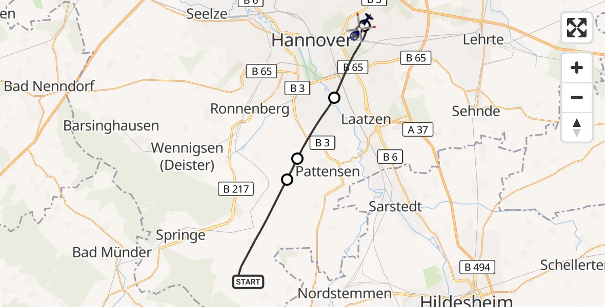 Flugroute Polizeihubschrauber Springe - Hannover Luftrettung Hubschrauberlandeplatz (Christoph 4), 24 Oktober 2026, 13:54
