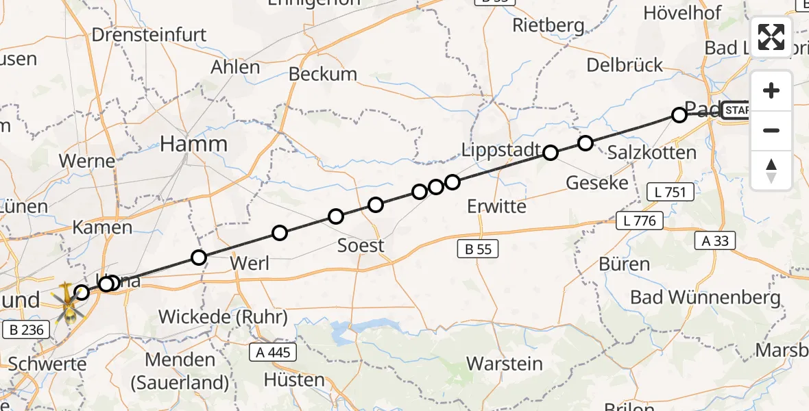 Flugroute Rettungshubschrauber Paderborn - Dortmund Flughafen, 24 Oktober 2026, 13:59