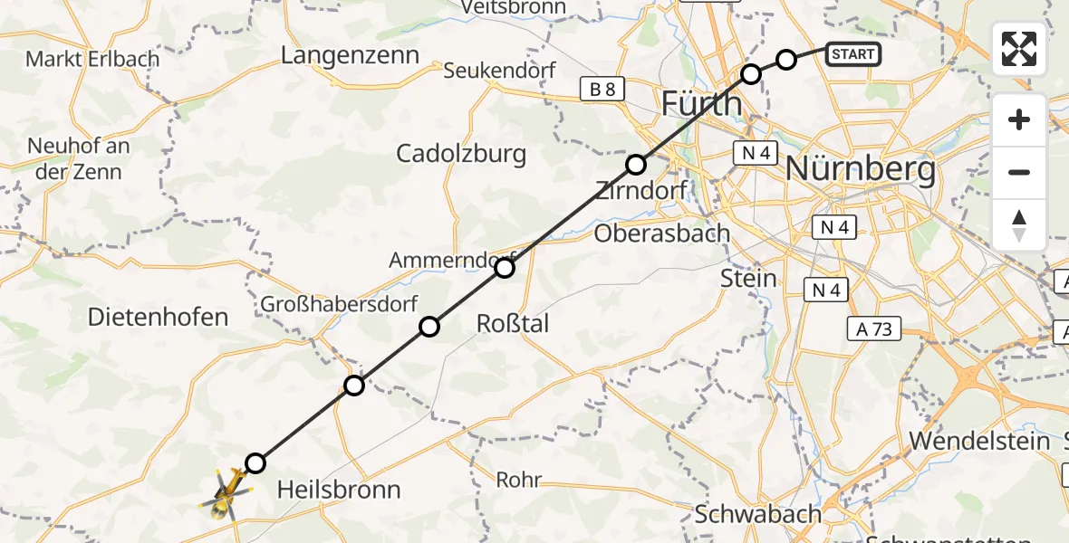 Flugroute Rettungshubschrauber Flughafen Nuremberg - Petersaurach, 24 Oktober 2026, 14:02