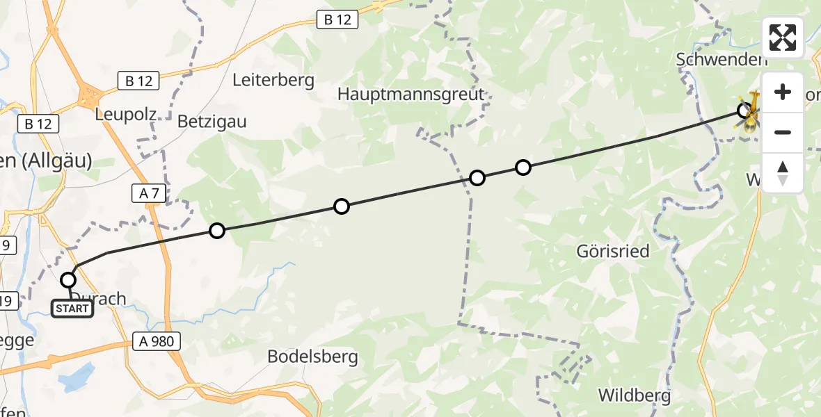 Flugroute Rettungshubschrauber Kempten-Durach Flugplatz - Marktoberdorf, 24 Oktober 2026, 14:02