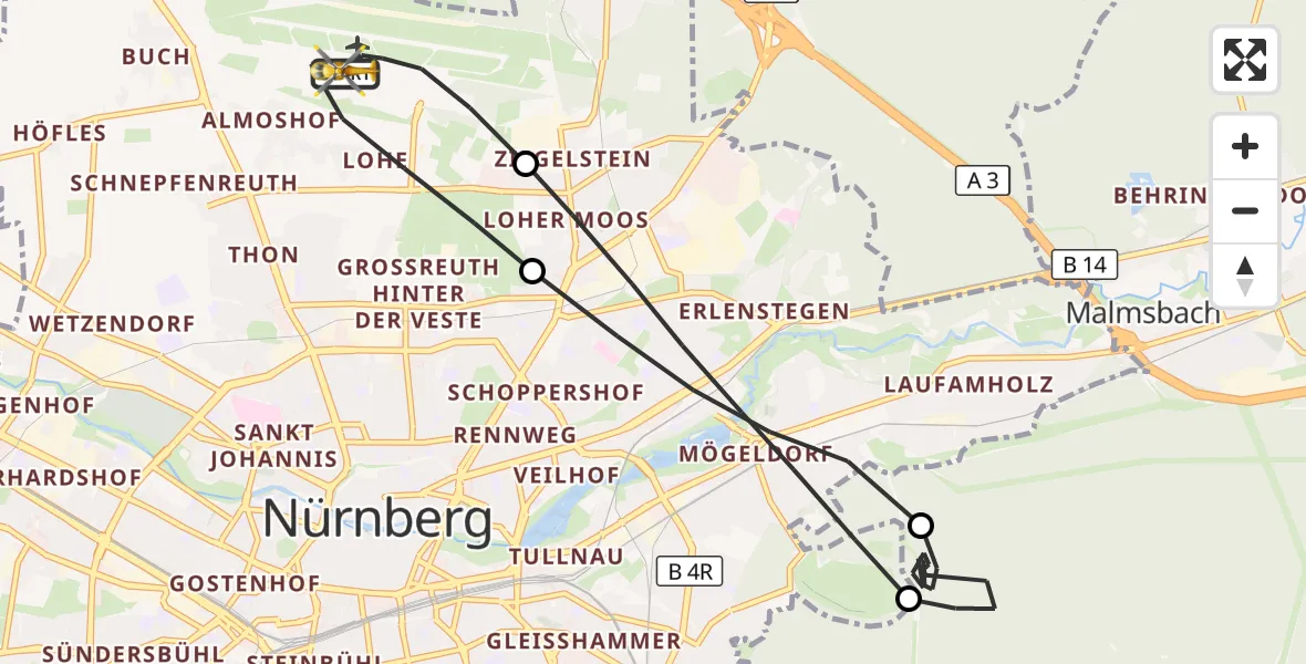 Flugroute Ambulanzhubschrauber Flughafen Nuremberg - Flughafen Nuremberg, 24 Oktober 2026, 14:05