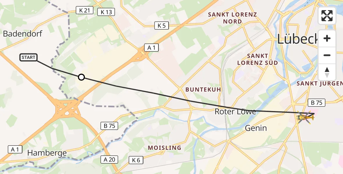Flugroute Rettungshubschrauber Badendorf - Lübeck, 24 Oktober 2026, 14:06