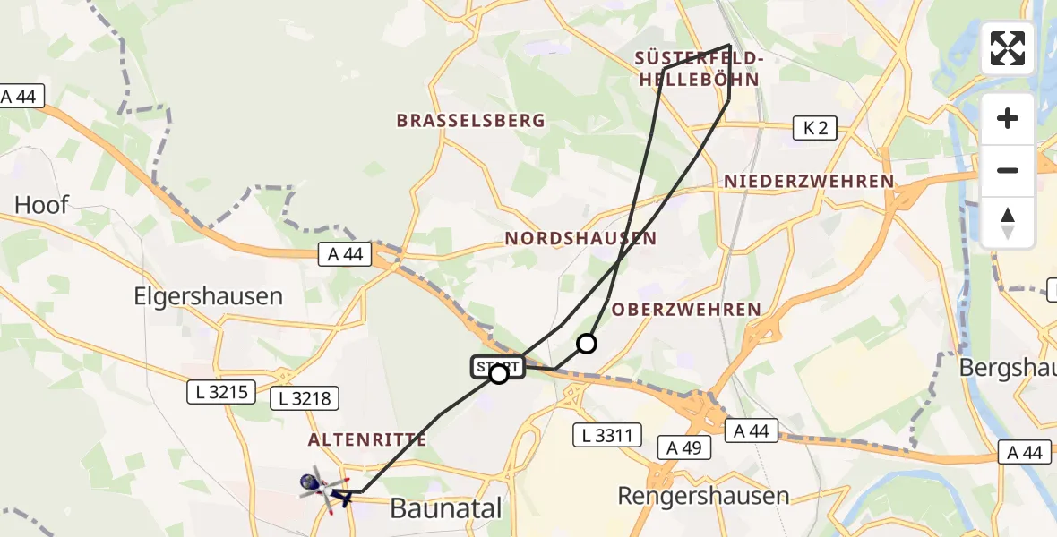 Flugroute Polizeihubschrauber Baunatal - Baunatal, 24 Oktober 2026, 14:07