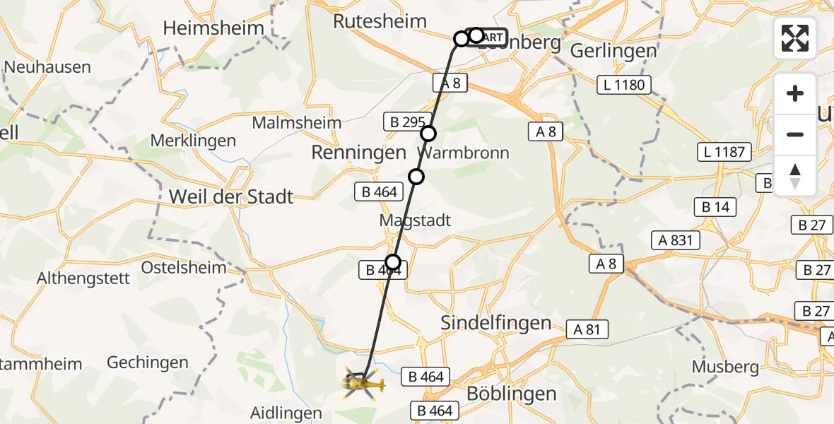 Flugroute Rettungshubschrauber Leonberg Hospital - Sindelfingen, 24 Oktober 2026, 14:11