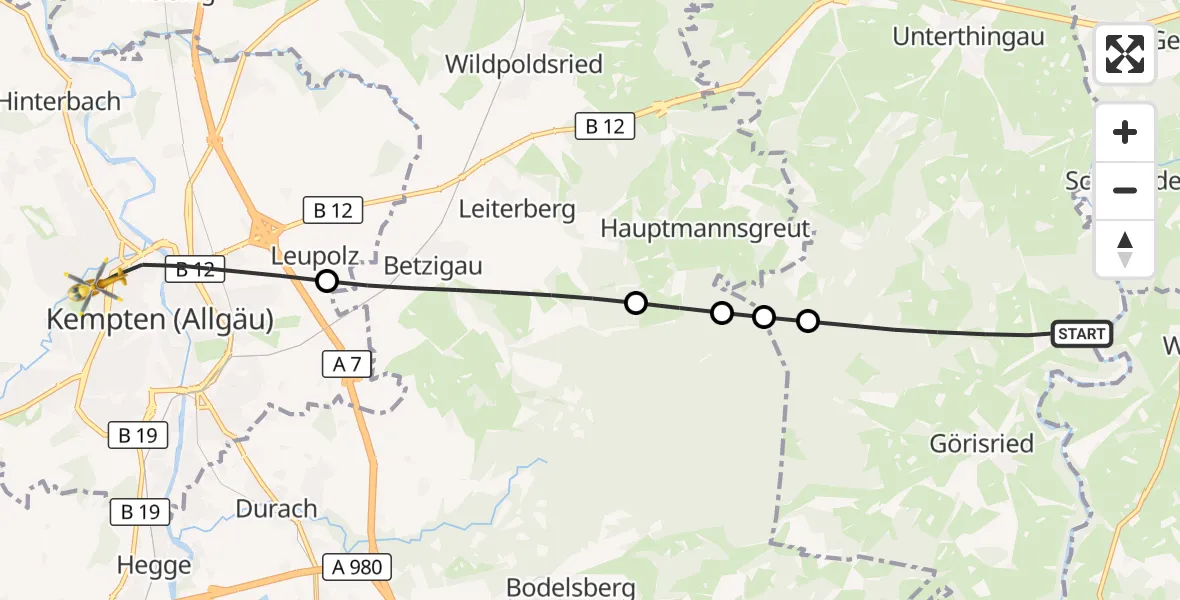 Flugroute Rettungshubschrauber Unterthingau - Kempten (Allgäu), 24 Oktober 2026, 14:36