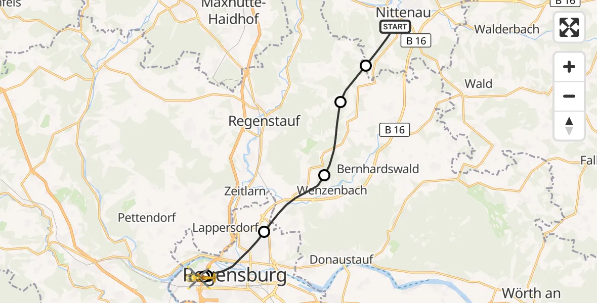 Flugroute Rettungshubschrauber Nittenau - Barmherzige Brüder (Brothers of Mercy) Hospital Regensburg, 24 Oktober 2026, 14:40