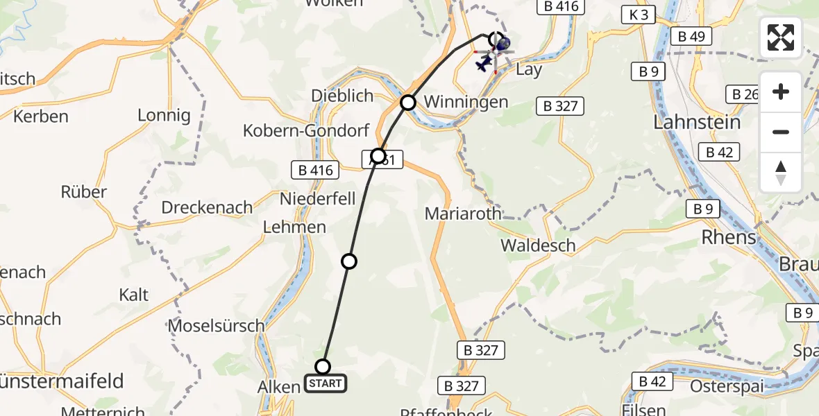 Flugroute Polizeihubschrauber Alken - Koblenz-Winningen Flugplatz, 24 Oktober 2026, 15:42