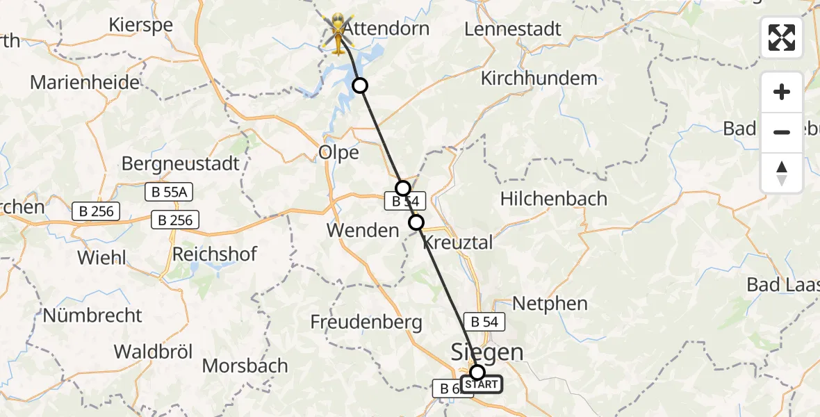 Flugroute Rettungshubschrauber Evangelisches Jung-Stilling Hospital - Attendorn, 24 Oktober 2026, 15:48