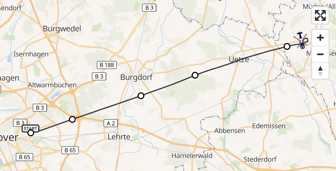 Flugroute Polizeihubschrauber Hannover Luftrettung Hubschrauberlandeplatz (Christoph 4) - Meinersen, 24 Oktober 2026, 15:53