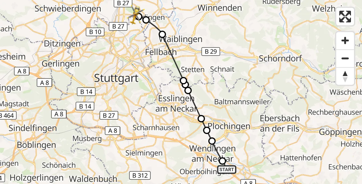 Flugroute Rettungshubschrauber Kirchheim unter Teck - Pattonville Flugplatz, 24 Oktober 2026, 16:09