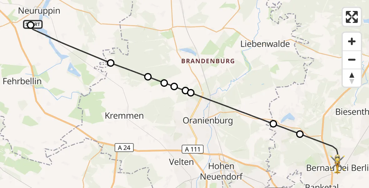 Flugroute Rettungshubschrauber Rupin Hospital - Bernau bei Berlin, 24 Oktober 2026, 16:12