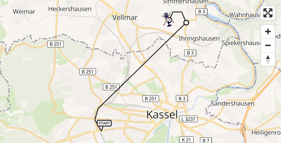 Flugroute Polizeihubschrauber Kassel - Fuldatal Bundespolizei Hubschrauberlandeplatz, 24 Oktober 2026, 16:12