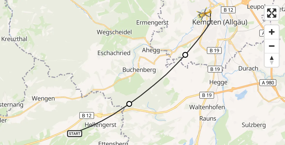 Flugroute Rettungshubschrauber Weitnau - Kempten (Allgäu), 24 Oktober 2026, 16:31