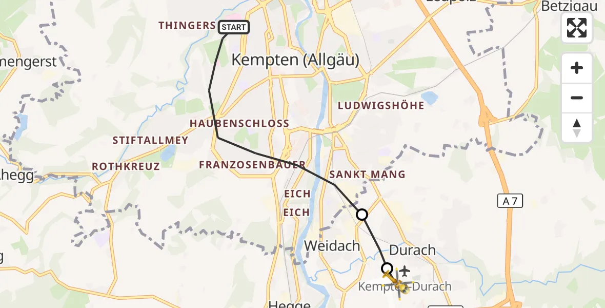 Flugroute Rettungshubschrauber Kempten (Allgäu) - Kempten-Durach Flugplatz, 24 Oktober 2026, 16:40