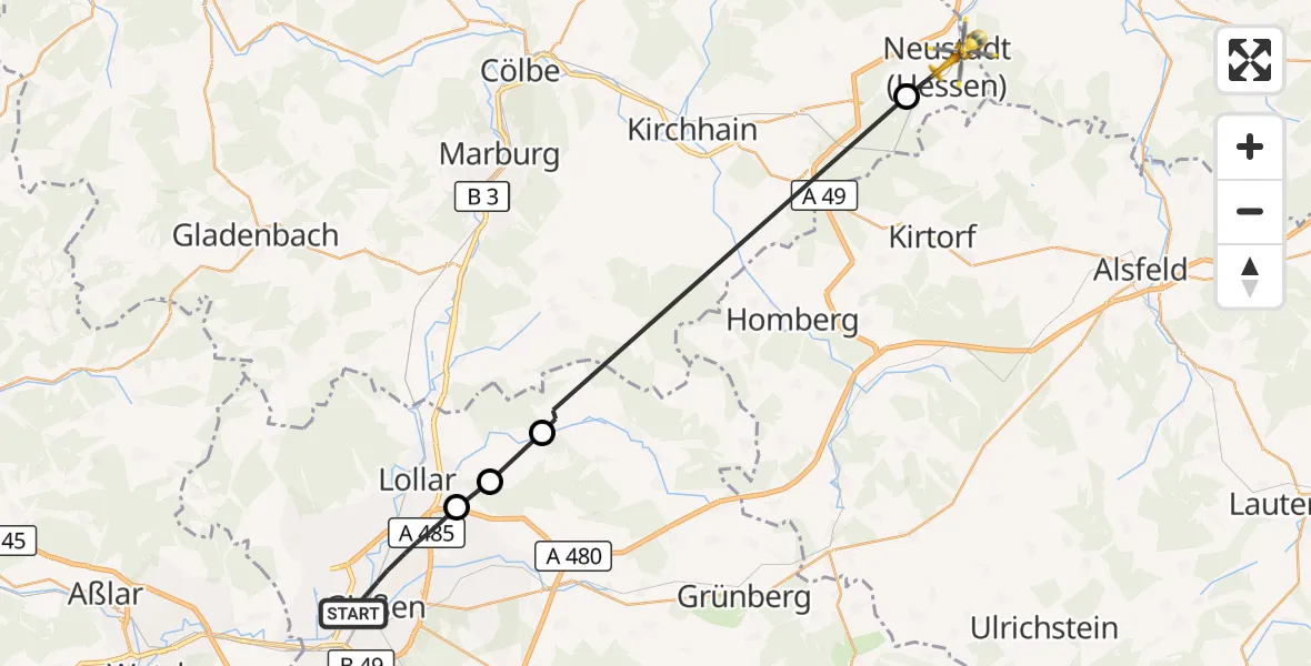 Flugroute Ambulanzhubschrauber Gießen - Neustadt (Hessen), 24 Oktober 2026, 17:02
