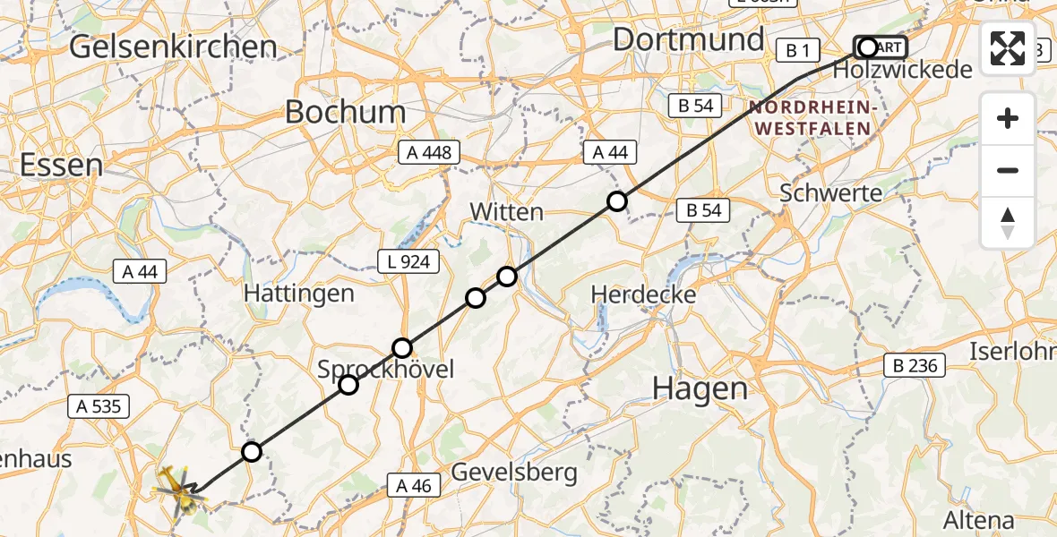 Flugroute Rettungshubschrauber Dortmund Flughafen - Velbert, 24 Oktober 2026, 17:39