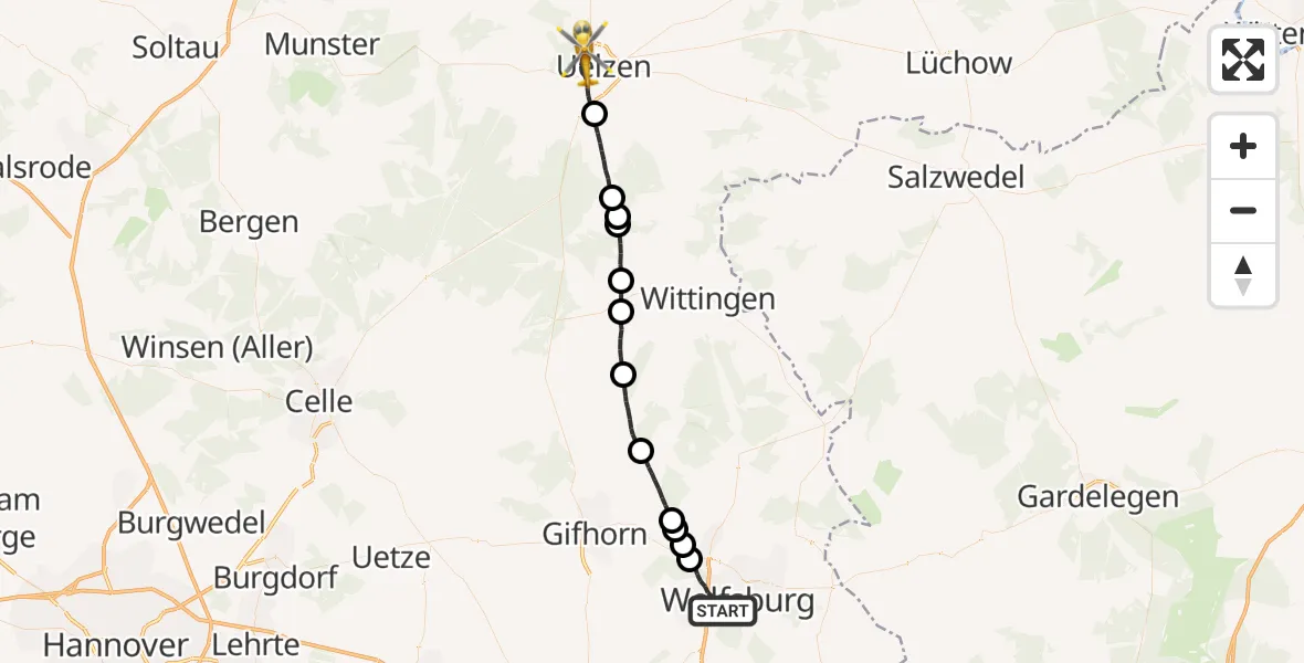 Flugroute Rettungshubschrauber Wolfsburg - ADAC Air Rescue Station Uelzen Hubschrauberlandeplatz (Christoph 19), 24 Oktober 2026, 17:52