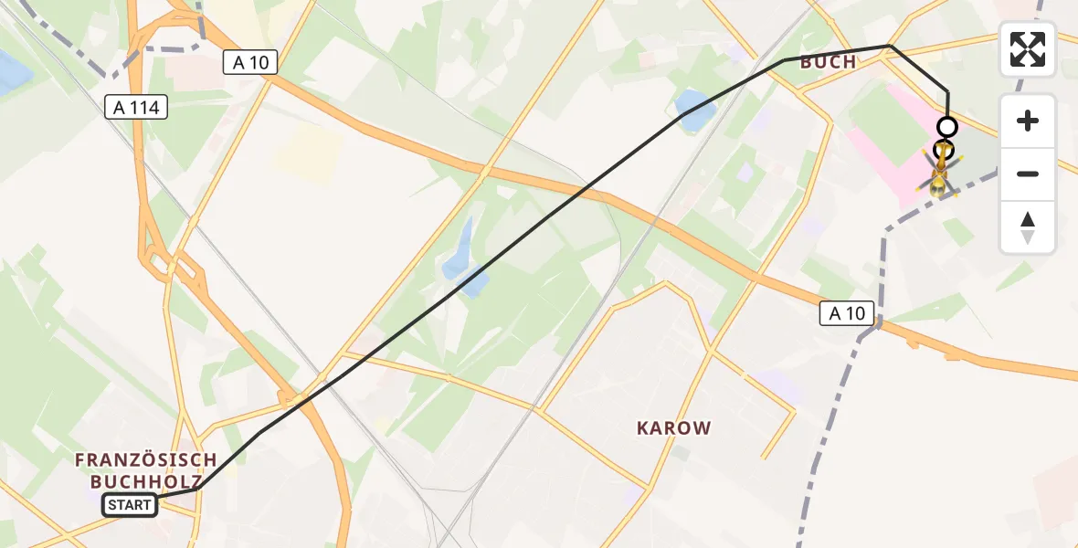 Flugroute Rettungshubschrauber Berlin - Helios Clinic Berlin-Buch, 24 Oktober 2026, 18:09
