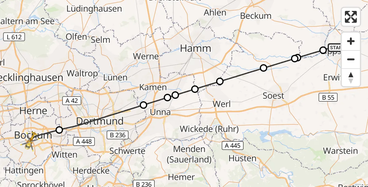 Flugroute Ambulanzhubschrauber Lippstadt - Bochum, 24 Oktober 2026, 18:13