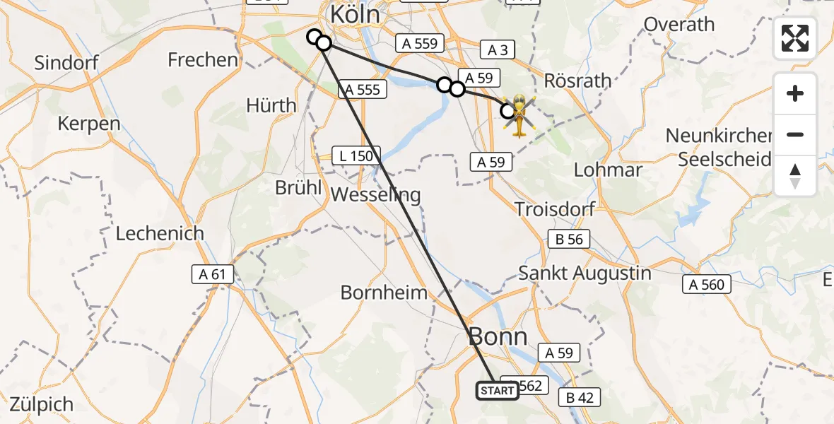 Flugroute Ambulanzhubschrauber Bonn University Hospital - Köln Bonn Flughafen, 24 Oktober 2026, 18:22
