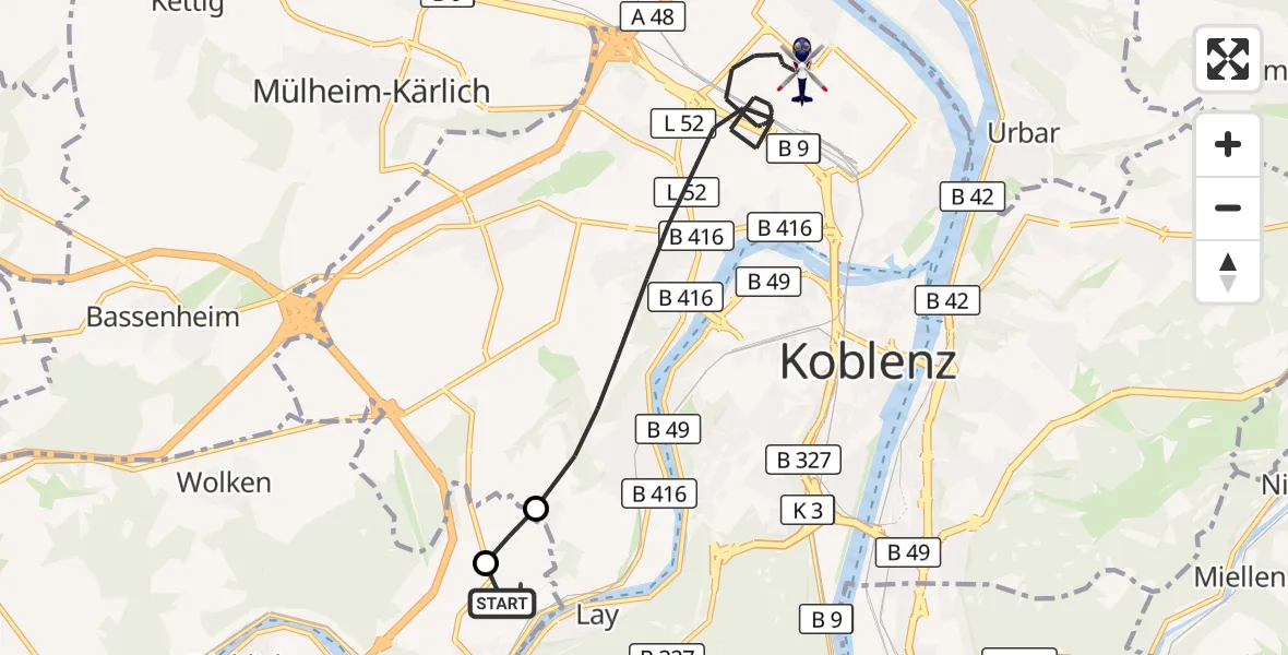 Flugroute Polizeihubschrauber Koblenz-Winningen Flugplatz - Koblenz, 24 Oktober 2026, 18:45