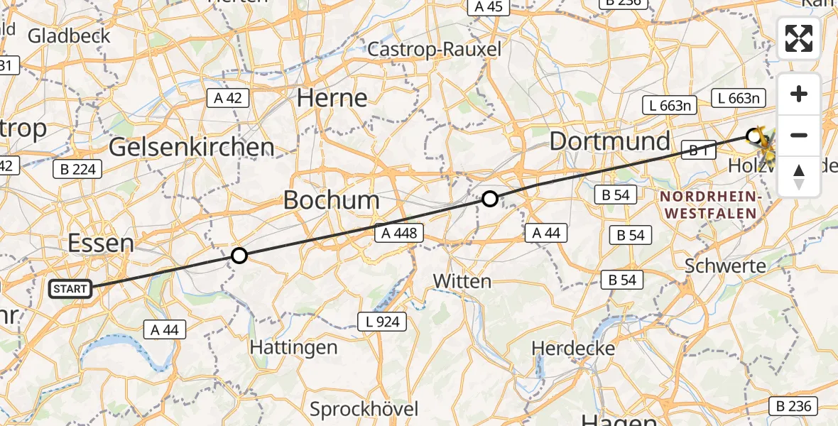 Flugroute Rettungshubschrauber Essen - Dortmund Flughafen, 24 Oktober 2026, 19:07