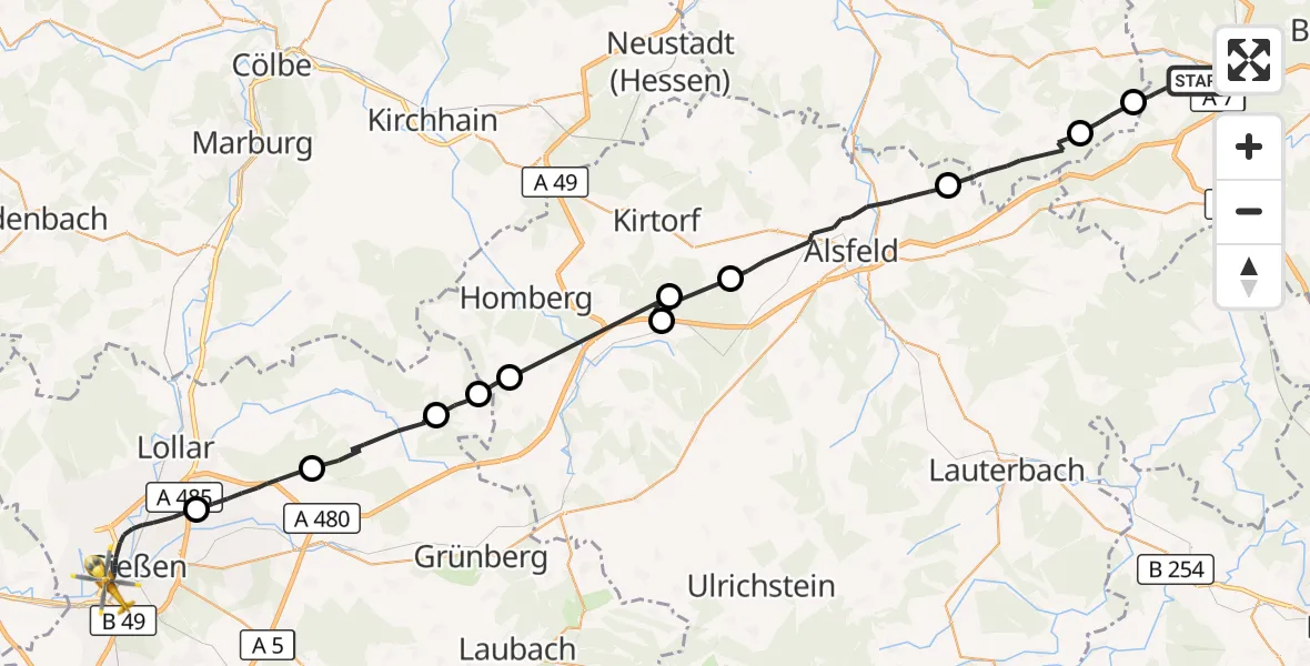 Flugroute Ambulanzhubschrauber Kirchheim - Gießen, 24 Oktober 2026, 19:36