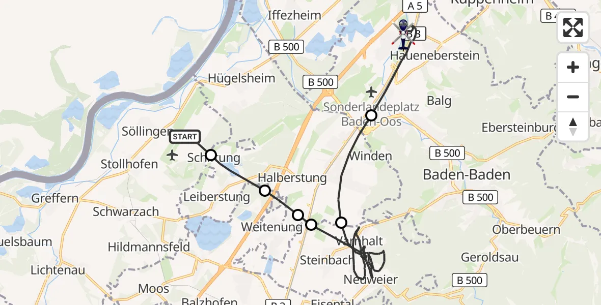 Flugroute Polizeihubschrauber Karlsruhe Baden-Baden Flughafen - Baden-Baden, 24 Oktober 2026, 19:44