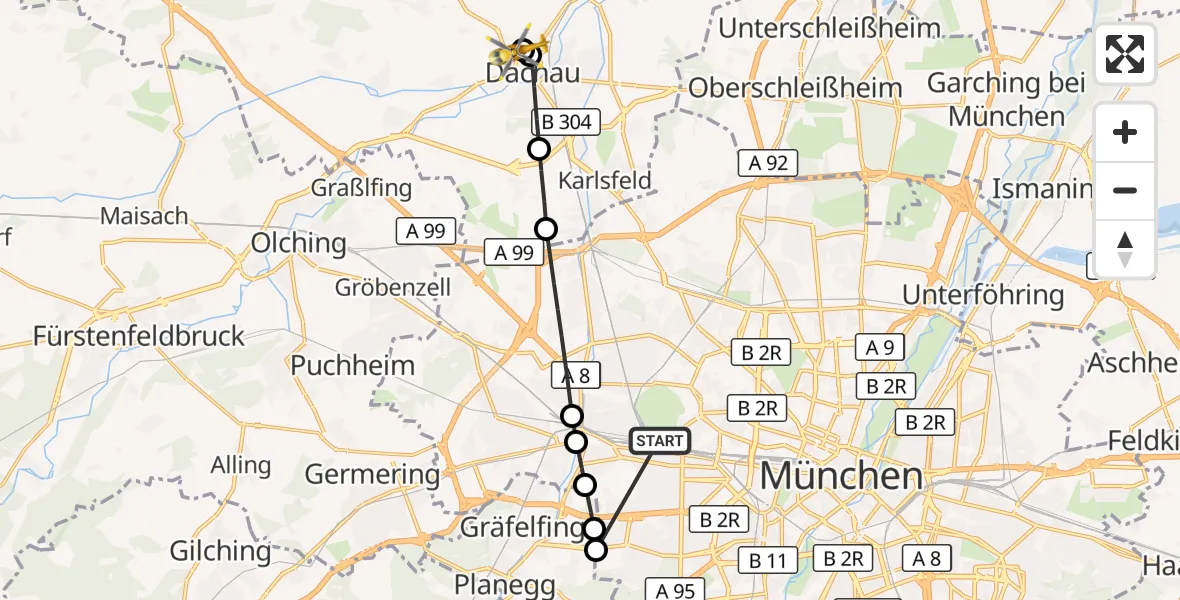 Flugroute Rettungshubschrauber München - Helios Clinic Dachau, 24 Oktober 2026, 19:58