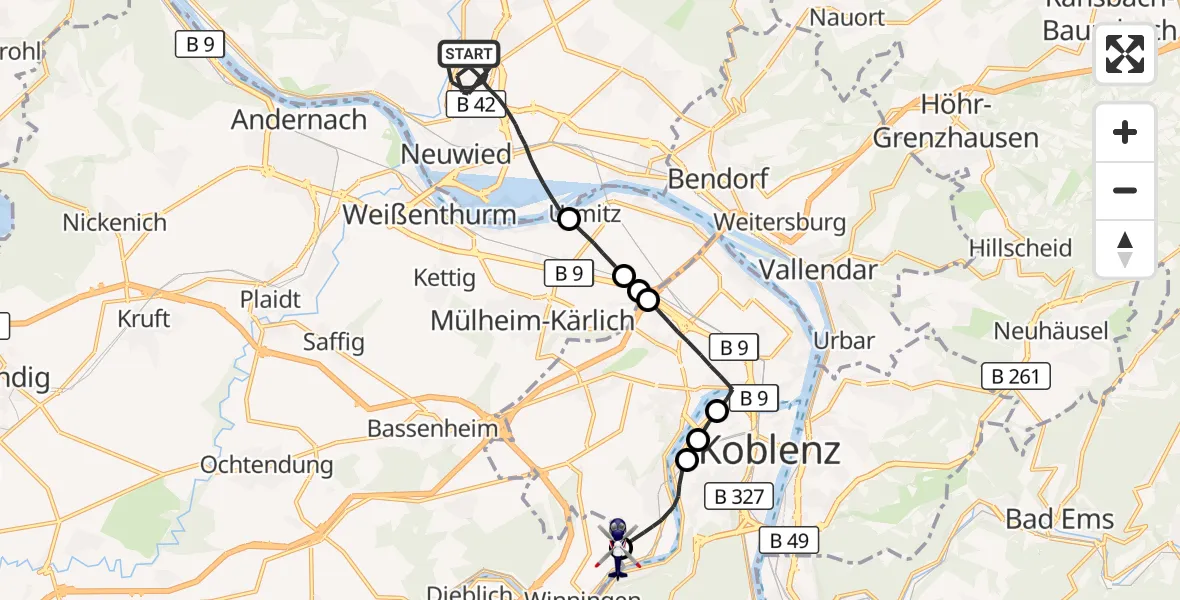 Flugroute Polizeihubschrauber Neuwied - Koblenz-Winningen Flugplatz, 24 Oktober 2026, 20:09